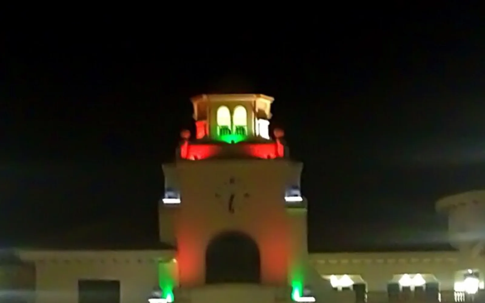 Illuminated clock tower in Old Town Temecula.